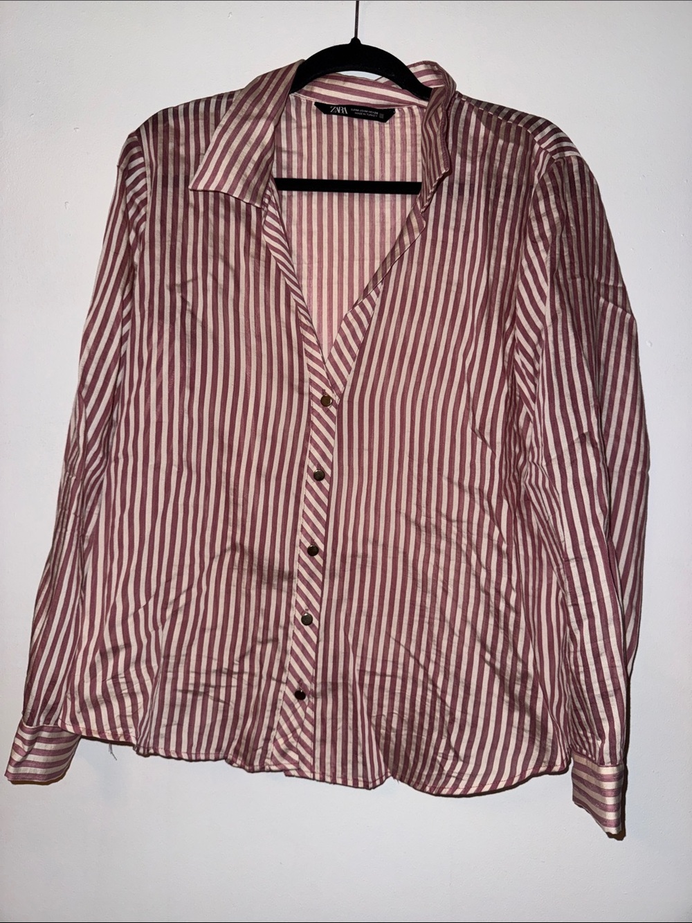 Zara Sheer Pink and White Vertical Stripe Button-Down Shirt